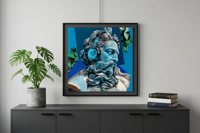 Neptuno, dipinto ispirato al mito classico, allestito in un ambiente moderno - pittura contemporanea della serie "Green Soul"