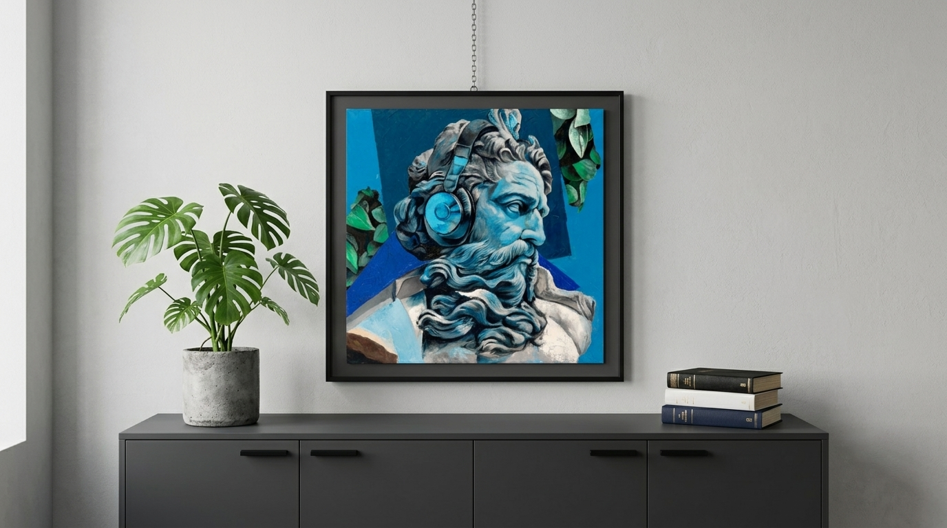 Opera pittorica “Neptuno” in un ambiente moderno – serie “Green Soul” Neptuno, dipinto ispirato al mito classico, allestito in un ambiente moderno - pittura contemporanea della serie "Green Soul"